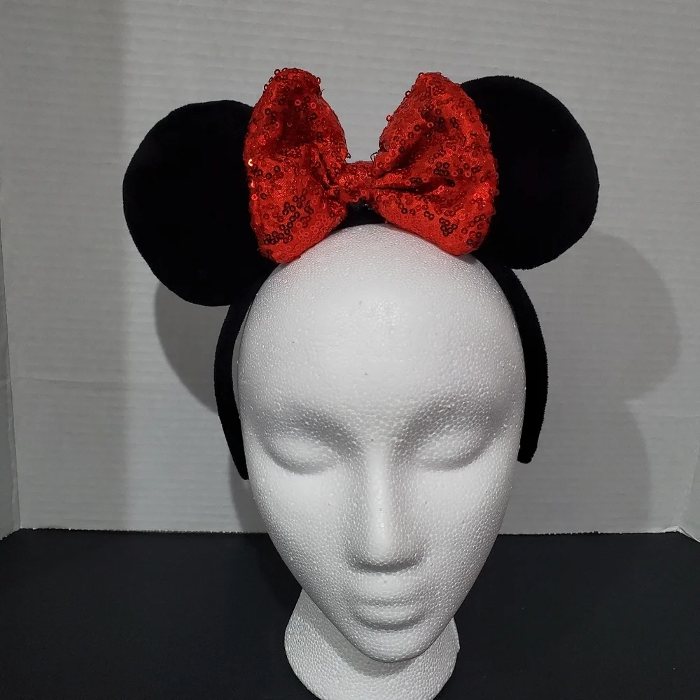 Disney Parks Minnie Mouse Black Plush Ears Red Seqin Bow Headband L👀K